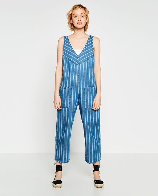 STRIPED DENIM JUMPSUIT
